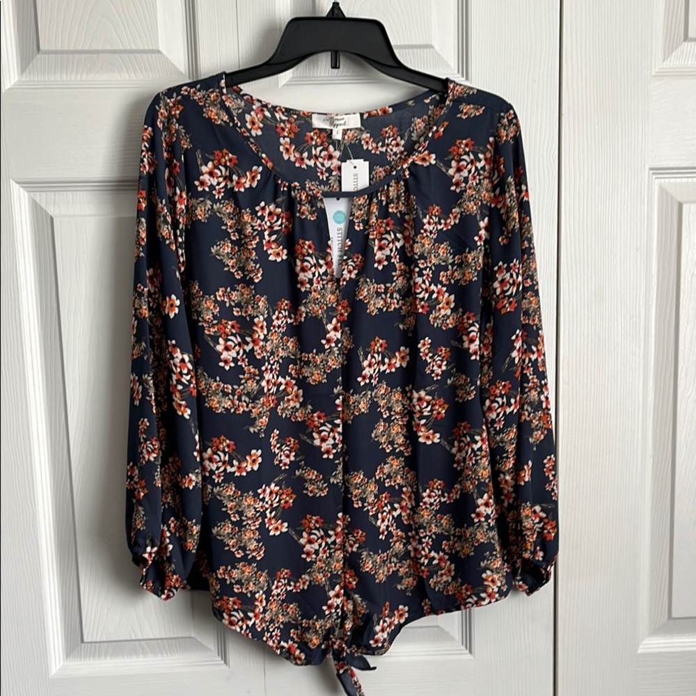 Blue and Orange Tie Front Blouse Size L